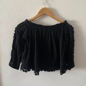Off the Shoulder Cropped Black Applique Blouse